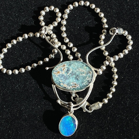 Vintage Unique Roman Glass and Opal Sterling Silver Necklace on Ball Chain - Picture 6 of 14